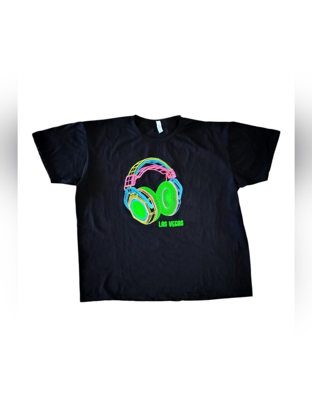 Neon Headphones Graphic Tee – Black Short Sleeve T-Shirt XL